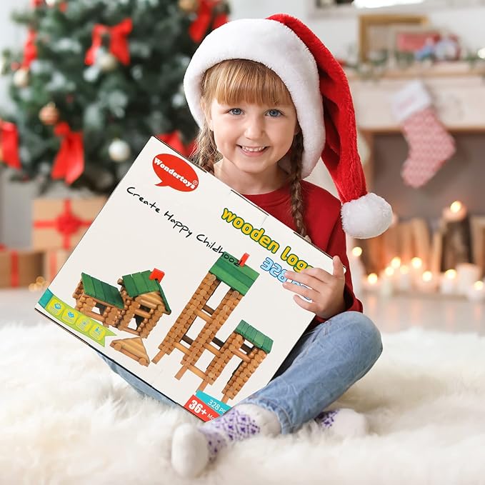 Wondertoys 328 Pcs Wooden Logs Set Ages 3+ Classic Building Log Toys for Kids Creative Construction Engineering Educational Gifts