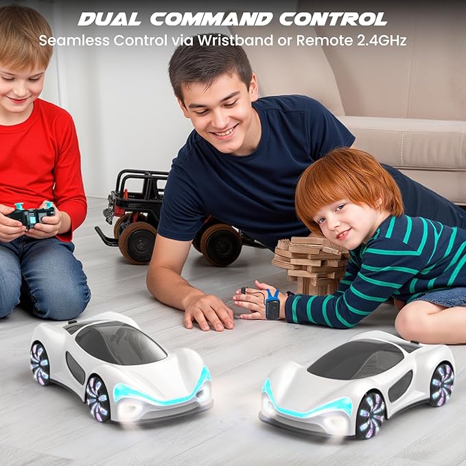 SIMREX Gesture Sensing Remote Control Car with Charging Dock - 360° Rotate Drift RC Stunt Car Toy 40 Min Playtime Dual Control Spray Mist &amp LED Lights Birthday Gift for Kids Boys Girls（White）