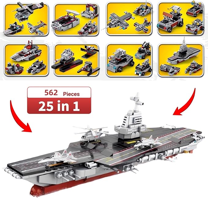 8 in 1 WW2 Aircraft Carrier Building Set Military Cruiser Ocean Battleship Toy with Helicopter &amp Boat (25 Warship Models) 562 Pieces Naval Gifts for Adults Man Teens 14+