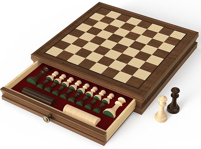Premium Natural Walnut 13 x 13 Magnetic Wooden Chess Set with 1 Built-in Storage Drawers - 2 Bonus Extra Queens - 24 Checkers Pieces - Staunton Chess Pieces Board Games Chess Sets