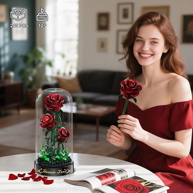 Flower Building Set with LED Light - 241 PCS Burgundy Red Rose Building Blocks Kit with Cover Easter Day Gift for Her Grilfriend Wife 3.6MM Mini Botanical Collection Block Toy Home Decor