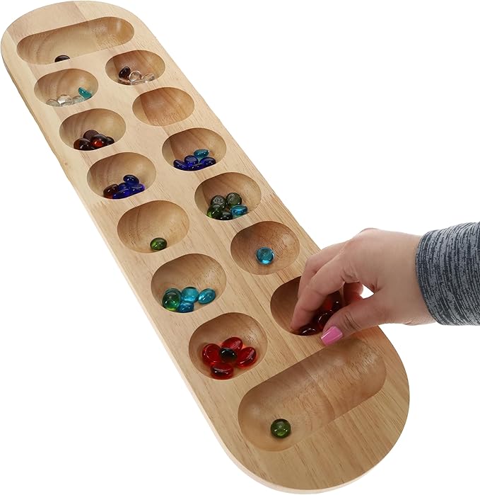 WE Games Classic Mancala Board Game 22 inch Large Natural Wood Board with Assorted Glass Mancala Stones African Stone Game Table Top Décor