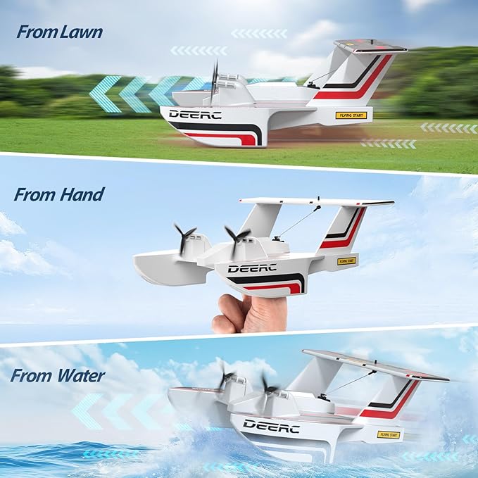 DEERC RC Plane for Water Land &amp Air Amphibious Tri-Phibian Aircraft 3CH Remote Control Plane W/ 2 Batteries 2.4GHz RTF Airplane Glider for Boy Girl