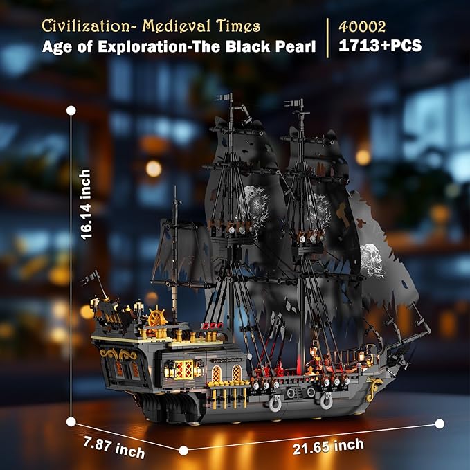 JMBricklayer Pirate Ship Building Toys with Lights Pearl Pirate Ship Model Boat Kit 40002 Black Ship Toy Building Sets for Adult Teens 14+ Home Office Decor Valentines Gifts(1713 PCS) New Upgrade