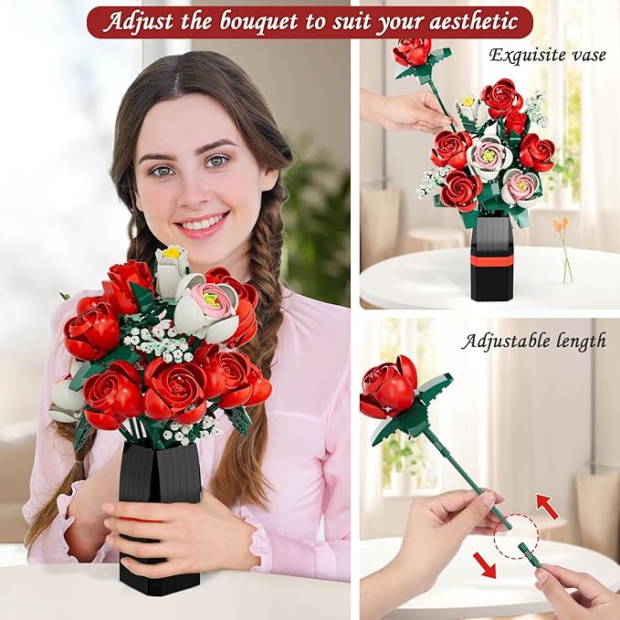 Flower Bouquet Building Set Artificial Roses Toy Building Set with Vase Building Blocks Flower Brick Toys for Home Office Decoratin Christmas Mother's Day or Valentine's Gifts 841 PCS