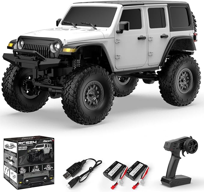 RCS24 Off Road 1/24 RC Truck 4x4 Off Road Crawler Climbing Vehicle All Terrain RC Monster Truck Remote Control Car with Bright Headlight 2 Batteries Waterproof Hobby Toys(RTR White)