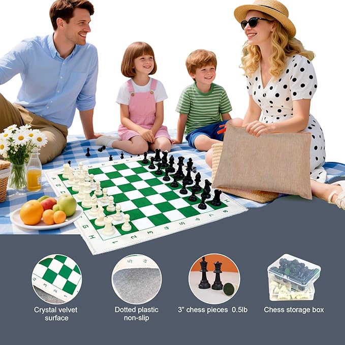 Chess Set with Green &amp White 19.7x19.7 Foldable Board 3 Non-Weighted Standard Pieces Portable Travel Chess Game for Kids &amp Beginners Classic Strategy Set with Storage Bag