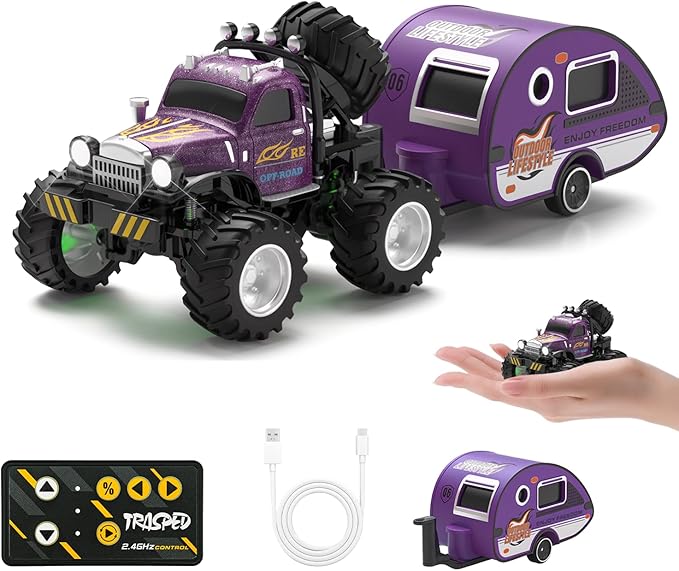 Snugzy Mini RC Car 1:64 Scale RC Truck for Kids with Trailer 2.4Ghz Remote Control Rechargeable RC Cars Toy Gifts for Boys Girls Adult (Purple)