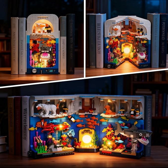 HOGOKIDS Aquarium Book Nook Building Set with Lights - Booknook Fish Building Toy for Bookshelf Home Decor 1064PCS Movable Shark Ocean Polar Animals Blocks Bookend Kit for Adults Teens Boys Girls 8+