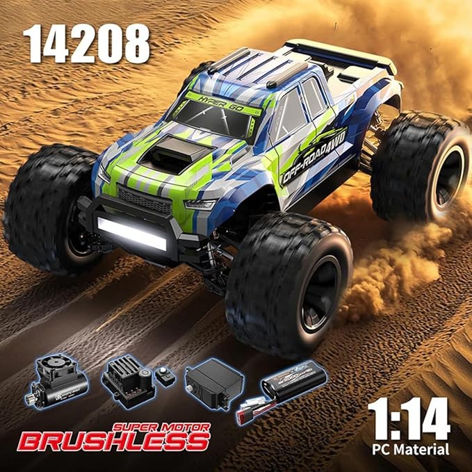 MJX 14208 1:14 Scale 4WD Brushless RC Bigfoot Truck 41 km/h High Speed RTR Off-Road Truck 2.4 GHz Remote 7.4V 2000mAh Battery 88mm All-Terrain Tires Big Wheel Monster
