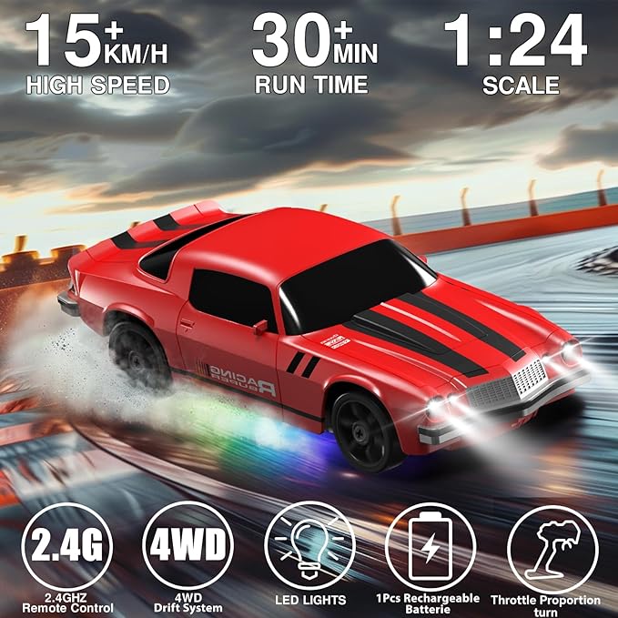 RC Drift Car 1:24 Remote Control Car 4WD 15KM/H High Speed Racing Sport Car with LED Lights RC Cars Toy for Kids Boys Girls Adults Gifts Birthday Christmas Rechargeable Batteries