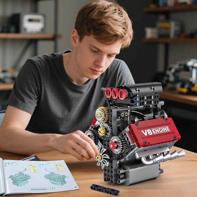 V8 Engine Building SetV8 Engine Model kit that RunBuild Your Own STEM Mini V8 Model Engine Kit with Battery and Motor8-Cylinder Car Engine Building Engineering Toys for Kids Adults(478PCS)
