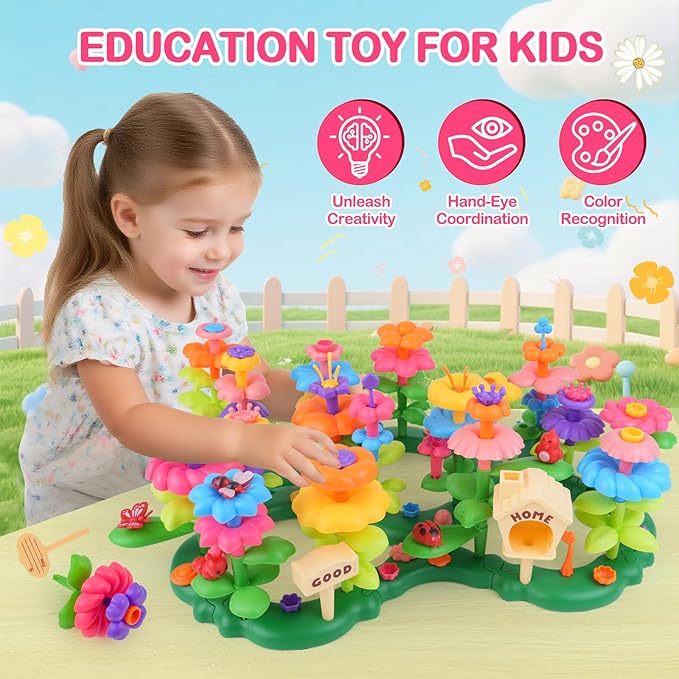 Flower Garden Building Toys for 3-7 Year Old Girls - Best Birthday Gifts for Toddler Ages 3-5 5-7 Educational Kit with 120+ Pieces Stacking Pretend Play Set for Preschool Kids