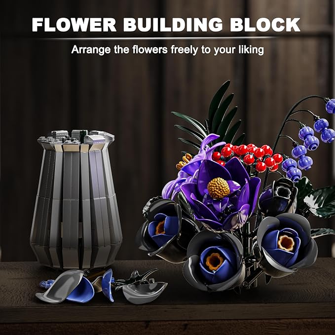 Flowers Bouquet Building Blocks Set with Vase Roses LilyRosaHypericum Bellflower Artificial Plants for Adults Teen GirlsHome&ampOffice Bonsai Decoration
