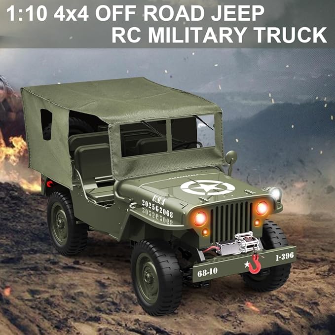 RC Military Truck Rock Crawler 1:10 4WD Off-Road Remote Control Military Jeep with Winch Canvas &amp 2 Batteries 2.4G All Terrain Army Climbing Vehicle with LED Lights for Kids Adult