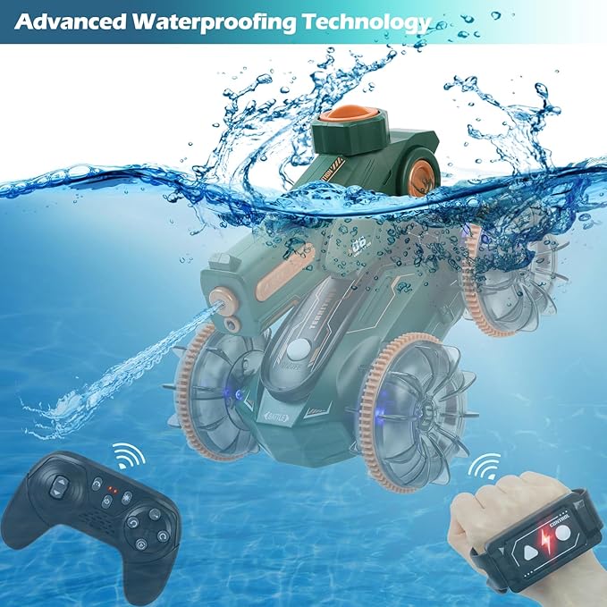 Toys for Kids 6-12 Remote Control Car Boat Gifts for Boys 5-7 8 9 10 11 Year Old Amphibious RC Boats Water Squirt Gun with Light &amp Self-Dispensing Pool Outdoor Beach Toy for Kids