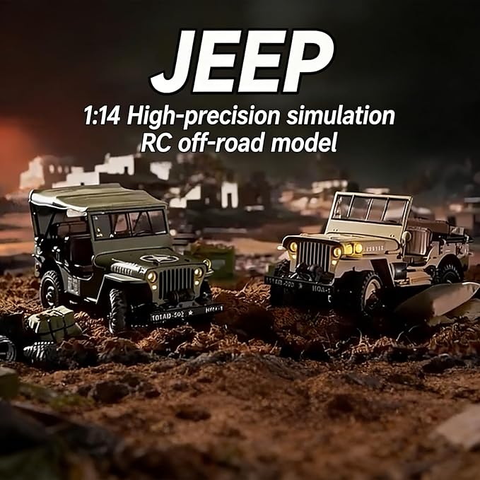 1:14 Scale Military Remote Control Car RC Crawler 2.4G 4WD Off Road Jeep RC Truck with LED Lights and Sound Effects Rock Climbing Vehicle for Adults (Green 2 Batteries)