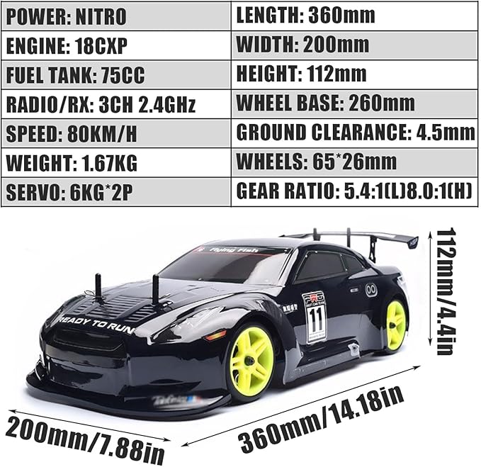 Nitro RC Cars 1/10 Two Speed Nitro Gas Power Car for Adults - Fast Drift 4WD 80KM/H Metal Chassis Gas Off Road Short Course Truck (Black)