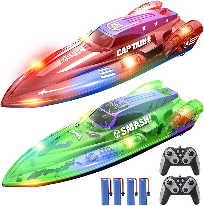 DEERC 2 Pack 13 inch Remote Control Boat for Kids 4 Batteries 2.4Ghz RC Racing Boat with LED Lights for Pools and Lakes Summer Water Toy Gift for Boys 8-12