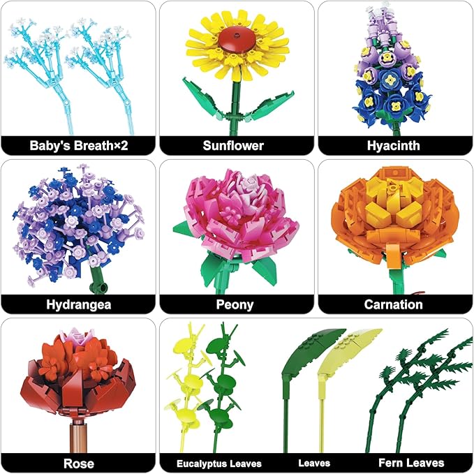 Flowers Bouquet Building Set for Adults Wildflowers Icon Flowers Botanical Collection Kits Compatible with Lego Flowers Valentines Flowers Sets for Women Girls 14+ 11001