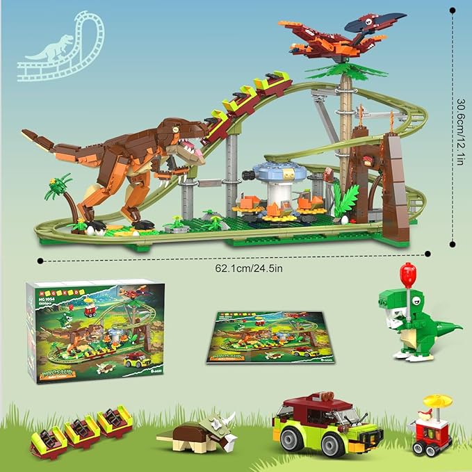 HOGOKIDS Dinosaur Roller Coaster Building Set - 1222 PCS Roller Coaster Building Toy with 4 Dinosaur Off-Road Vehicle Food Cart Dinosaur Models Playset Gifts for Adults Girls Boys Ages 8-12 Years