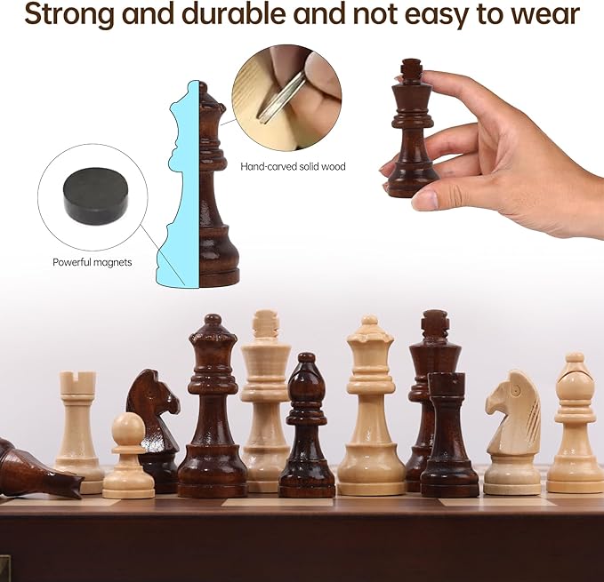15 Magnetic Chess Set with Foldable Board &amp Travel Bag - Professional Wooden Chess Game Luxury Storage Bag - Perfect Christmas/Birthday for Men Dad (Chess Set + Bag)