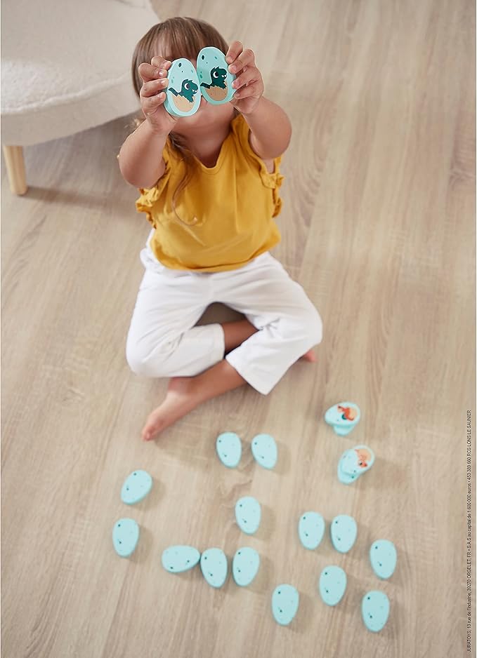 Janod Dino - Dinosaur Memory Game - 20 Wooden Dino Eggs with 10 Prehistoric Pairs - Cooperative or Competitive Early Learning Game - Ages 2-5 Years - J05826