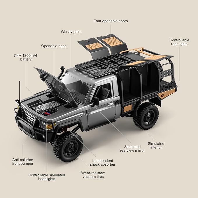 RC Crawler 1:12 Scale MN82 New Upgrades MN-82S 4WD LC79 Land Cruiser Rock Crawler with Lights Speed Adjustment Upgraded Trunk 2.4GHz RTR RC Rock Truck for Teens Adults-DIY Customization