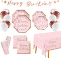 Rose Gold Birthday Party Supplies - Disposable Paper Plates Napkins Cups Tablecloth &amp Banner for Girl/Women Celebration Serves 25 - Decorate with Our Rose Gold Plates and Napkins Set