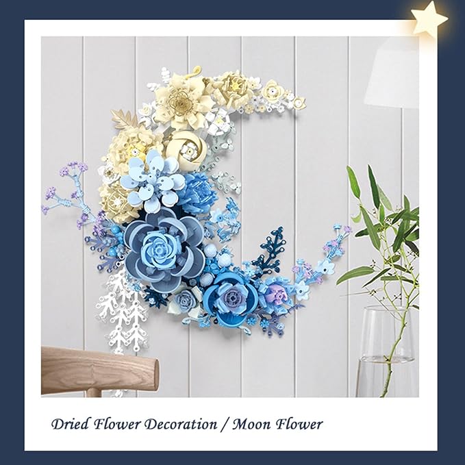 Blue Flowers Moon Building Blocks Set 934 Pcs Dried Flower Botanicals Collection Creative Floral Building for Wall Decor Compatible with Lego Flowers Artistic Gift with Ages 6+