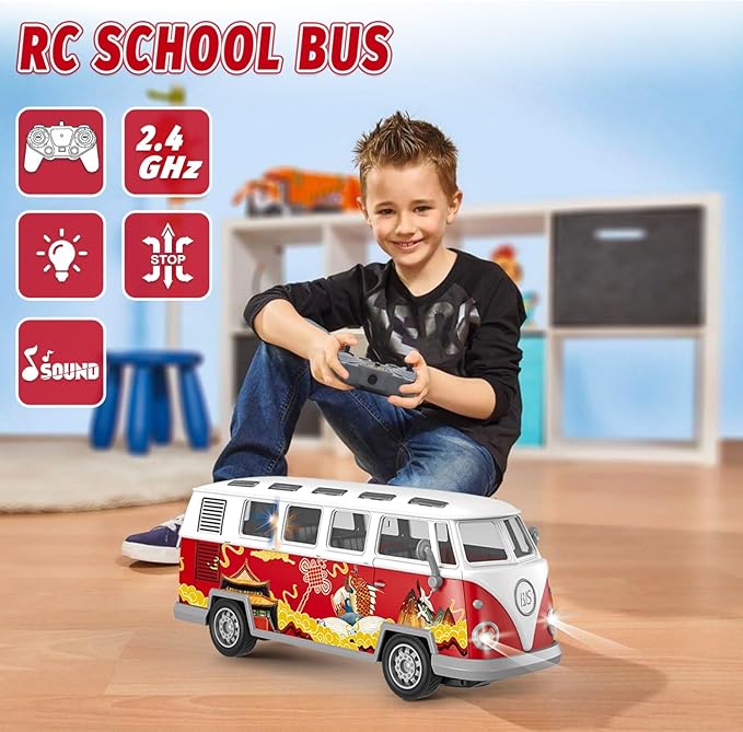 Remote Control Bus 2.4G Remote Control 1962 Volkswagen Classic Bus with Decals Retro Truck Model with Lights Sound Electric Vehicle Playsets Cars for Kids Toy