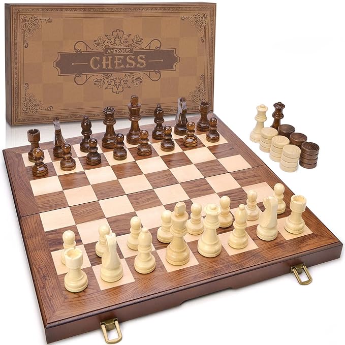 AMEROUS Wooden Chess &amp Checkers Set with Upgraded Weighted Chess Pieces 15 Inches (2 in 1) Chess Board Games for Kids Adults w/ 2 Extra Queens / 24 Cherkers Pieces/Gift Package