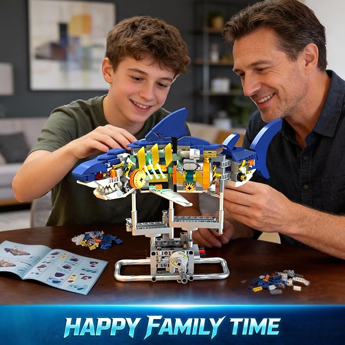 Mechanical Shark Building Set with LED Light 687 PCS Movable Ocean Animal with Display Stand Sea Fish Building Block Toy Home Decor Gift for Adults Teens Kids Boys Ages 12+
