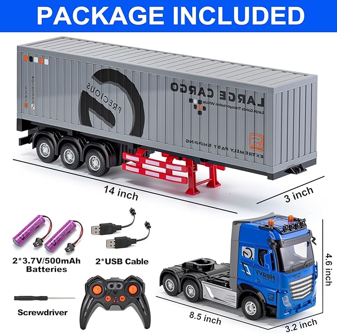 9 Channel RC Semi Truck with Trailer Metal Cab 2.4Ghz Remote Control Container Truck with Lights and Sounds Birthday Gift for Kids Boys 18.5