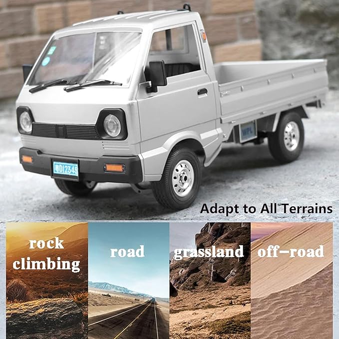 WPL D12 RC Kei Truck 1:10 Scale Remote Control Drift Car 2.4GHz All Terrain Off Road Pickup Truck Crawler with Brushed Motor LED Headlights 2 Batteries RTR for Adults (Silver)
