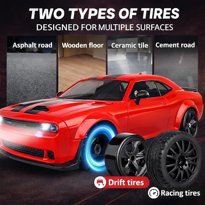IntelLock 1:24 RTR RC Drift Car with Scratch-Free Drift Tires 4WD High-Speed Muscle 2 Rechargeable Batteries LED Lights 2.4GHz Remote Control Car for Kids &amp Adults Indoor/Outdoor
