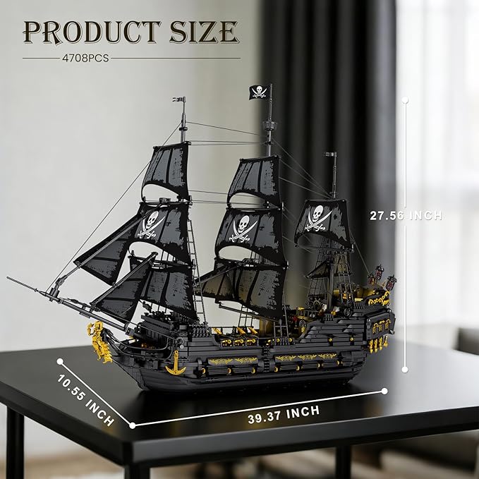 Reobrix Pirate Ship Building Set with LED Lights Collectible Large Black Pearl Model Kit Black Ship Building Toys for Adults 66036 Ship Sailboat for Home Decor Gift for Pirate Ship Fans 14+