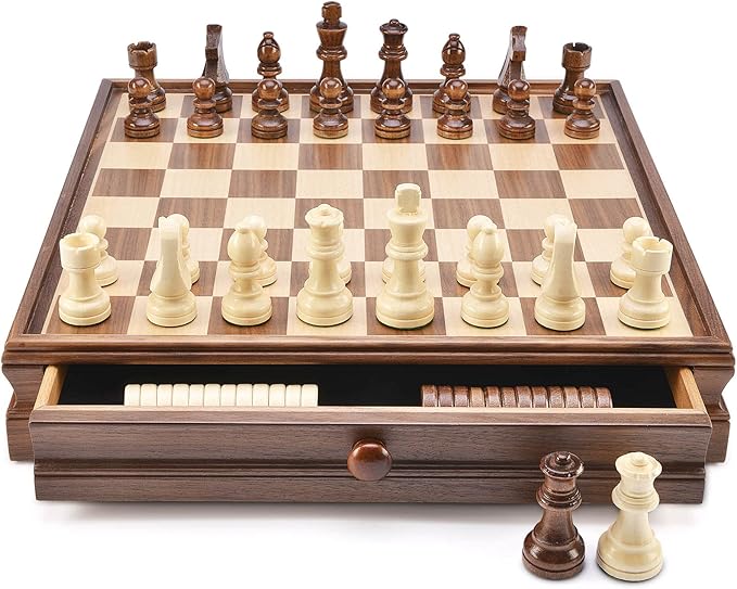 AMEROUS 15 x 15 Wooden Chess &amp Checkers Set with Built-in Storage Drawers/Weighted Chess Pieces / 2 Bonus Extra Queens / 24 Cherkers Pieces/Classic 2in1 Board Games for Kids Adults