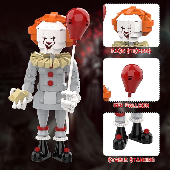 Pennywise Clown Building Set Horror IT Movie Merchandise Figure Building Kit Creative Halloween Collectible Birthday Gift for Kids Teens Adults (299Pcs)