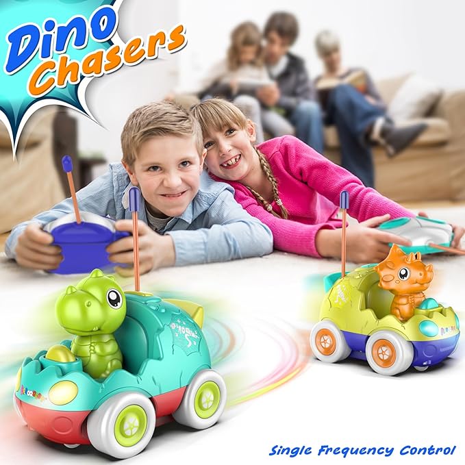Remote Control Car for Toddlers Toddler Toys for 18+Months RC Cars with LED Lights &amp Music Dinosaur Toy for Kids 2 3 4 5 Years Old Birthday Gifts for 3+ Year Old Girls Boys -2 Pack