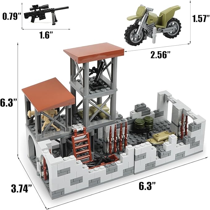 Finger Rock Military Base Building Block Set WW2 Army Mini War Accessories Kits Military Ruins Guard Tower Guns Army Supplies Block Toy for Teens Adults 14+