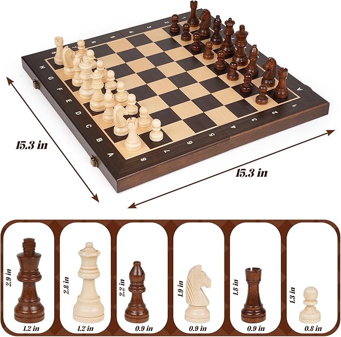 15 Magnetic Wooden Chess Set for KidsAdults &amp Beginners with 3 King &amp 2 Extra Queens – Portable Folding Travel Chess Board with Storage – Classic Strategy Game