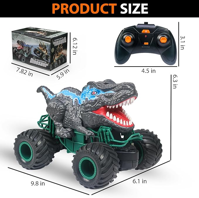Dinosaur Remote Control Car 2.4GHz RC Mega Monster Truck Toys for Toddlers Dinosaur Toys with Light Sound Spray Christmas and Birthday Gifts for 3 4 5 6 7 8-12 Kids BoysAll Terrain RC Cars