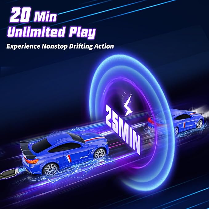 Mini RC Drift Car 1:64 Scale Remote Control Car with LED Lights &amp 2-Speed Modes 2.4GHz Stunt Drifting RC Toys with 4 Obstacles &amp Track Mat Hobby Gift for Kids &amp Adults Blue