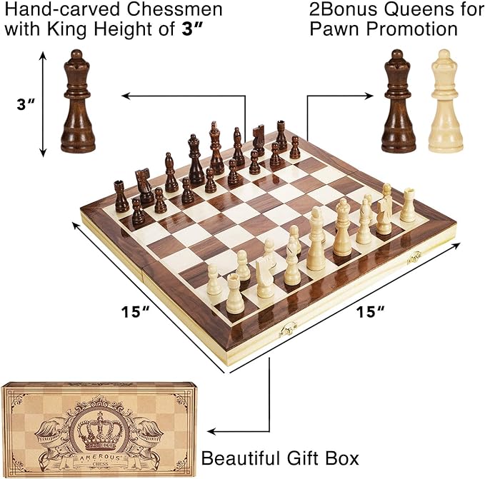 AMEROUS 15 Inches Magnetic Wooden Chess Set - 2 Extra Queens - Folding Board - Pieces Storage Slots Handmade Portable Travel Chess Game - Beginner Chess Set for Kids 6 up Age