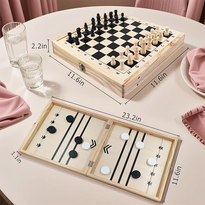 4 in 1 Wooden Fodable Fast Sling Puck Game Set – Chess Tic Tac Toe Checkers Board Game for Kids &amp Adults Portable Tabletop Family Toy for Travel &amp Game Night