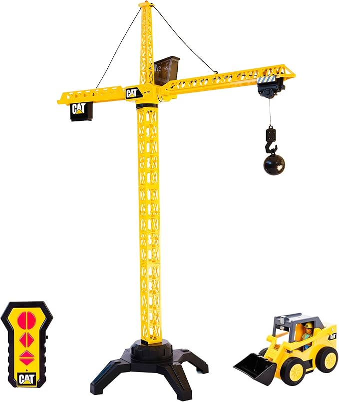 Cat Construction Workforce Jumbo Tower Crane Set 50-Inch RC Crane Toy with 360-Degree Rotation Hook and Wrecking Ball Light Skid Steer and 4 Figure USB Rechargeable Ages 5+