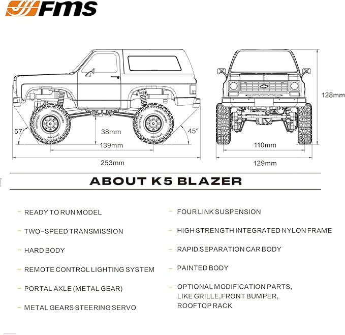 FMS FCX24 1/24 RC Crawler Chevy K5 Blazer Officially Licensed Mini RC Car Pick Up Truck and SUV 2 in 1 4WD 8km/h 2 Speeds SwitchOff-Road 4x4 RC Model with LED Lights for Adults and Beginner(Brown)