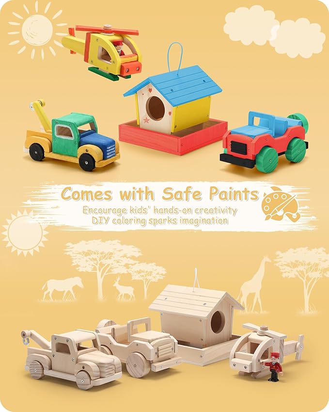 SainSmart Jr. Woodworking Building Kits for Kids with Birdhouse 4-in-1 Kids STEM Projects Set DIY Wood Crafts Assembly Toys with Paints &amp Brushes for Boys and Girls
