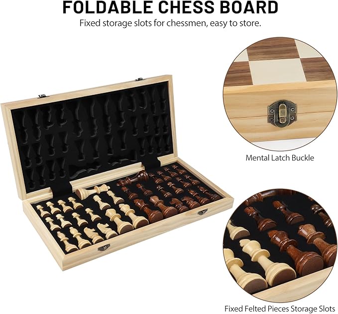 LEAP Wooden Chess Set 17 Inches - 2 Extra Queens - Folding Board Raised Edge Handmade Portable Travel Chess Board Game Sets with Game Pieces Storage Slots - Chess Set for Adults and Beginner